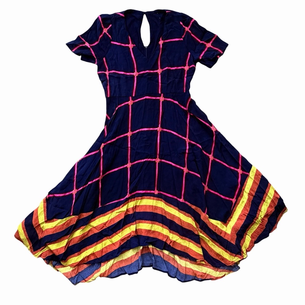 HD In Paris Anthropologie Dress 6 ? Windowpane Plaid Striped Midi Fit Flare Mod